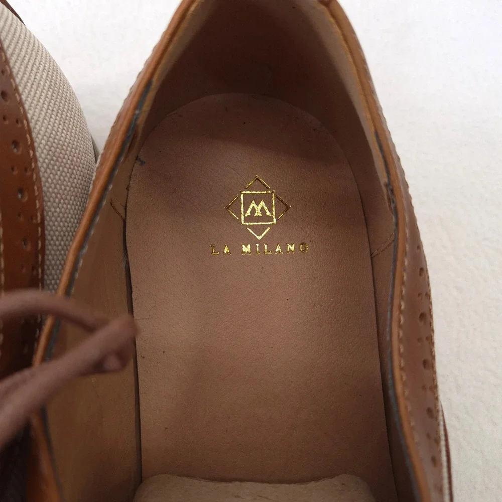 La Milano Wingtip Oxford Tan Beige Canvas Leather Two-Tone Size 14